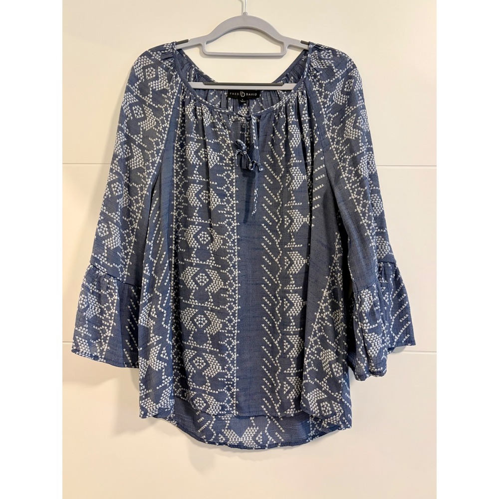 Fred David Blue White Geometric Bell Sleeve Peasant Popover Blouse Top Large